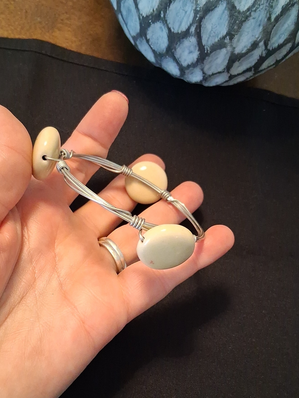 Beige Stone Wire-Wrapped Bangle Bracelet - Women Jewelry